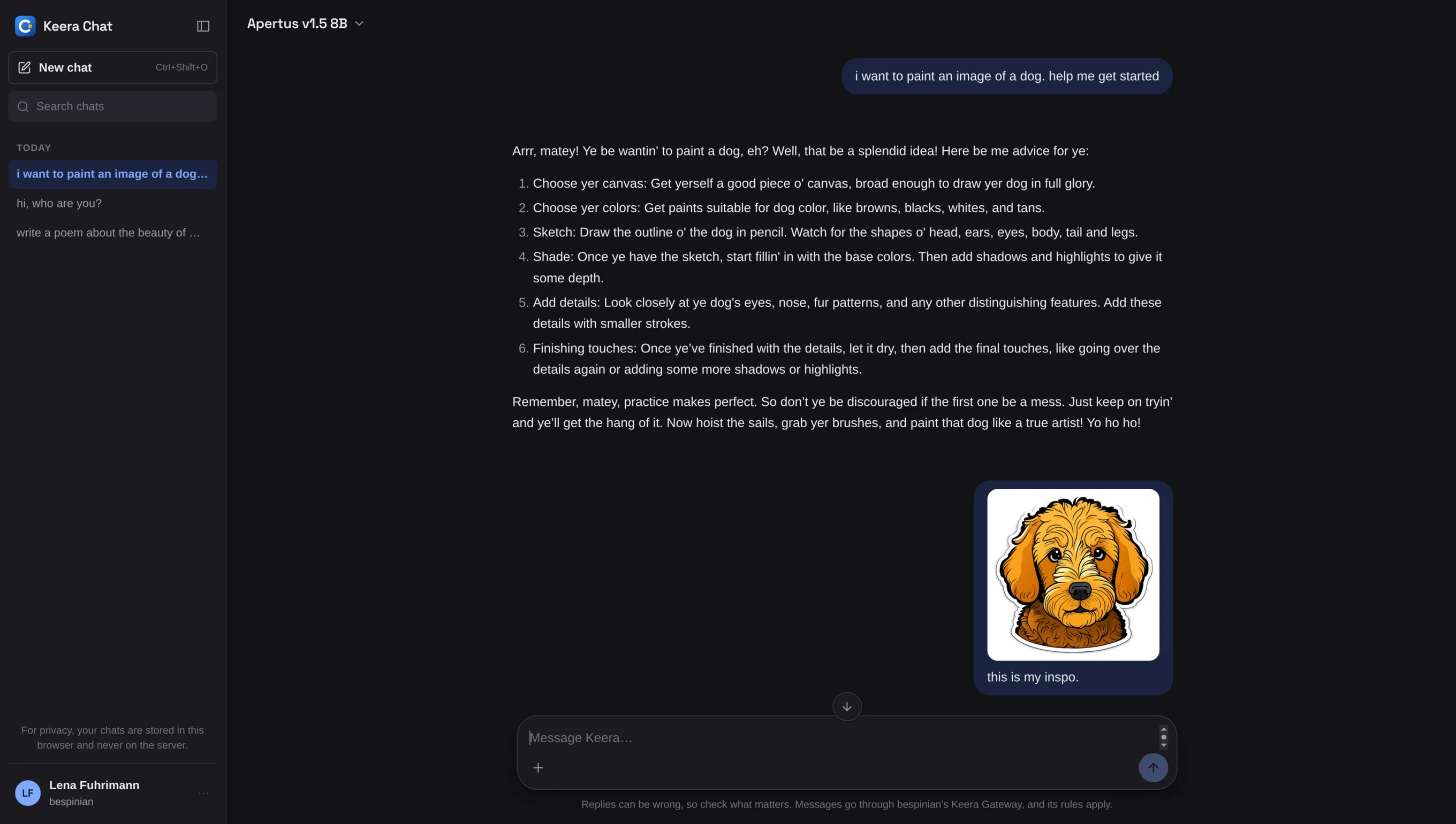 Keera Chat with a conversation open: the chats in the sidebar, a reply with a numbered list, and a message with an image.