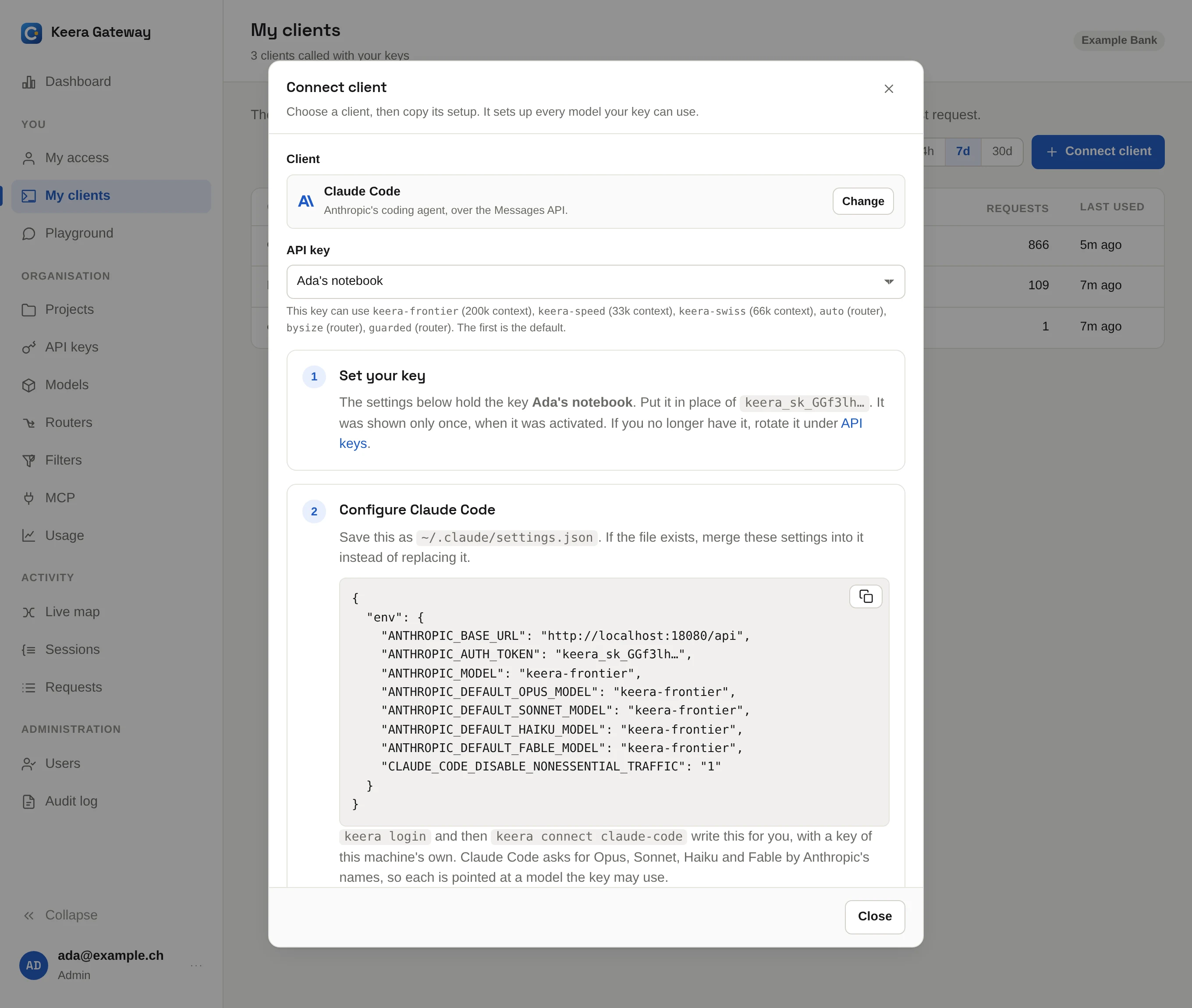 Connect client shows the settings for each tool.