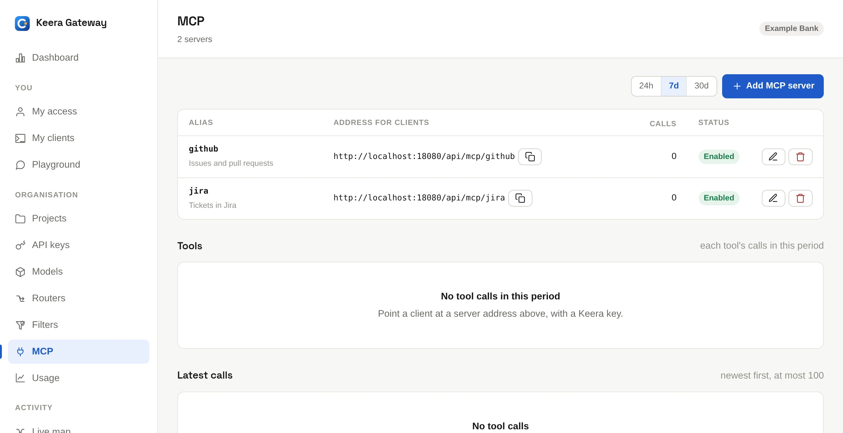 The MCP screen lists each server and the address to give clients.