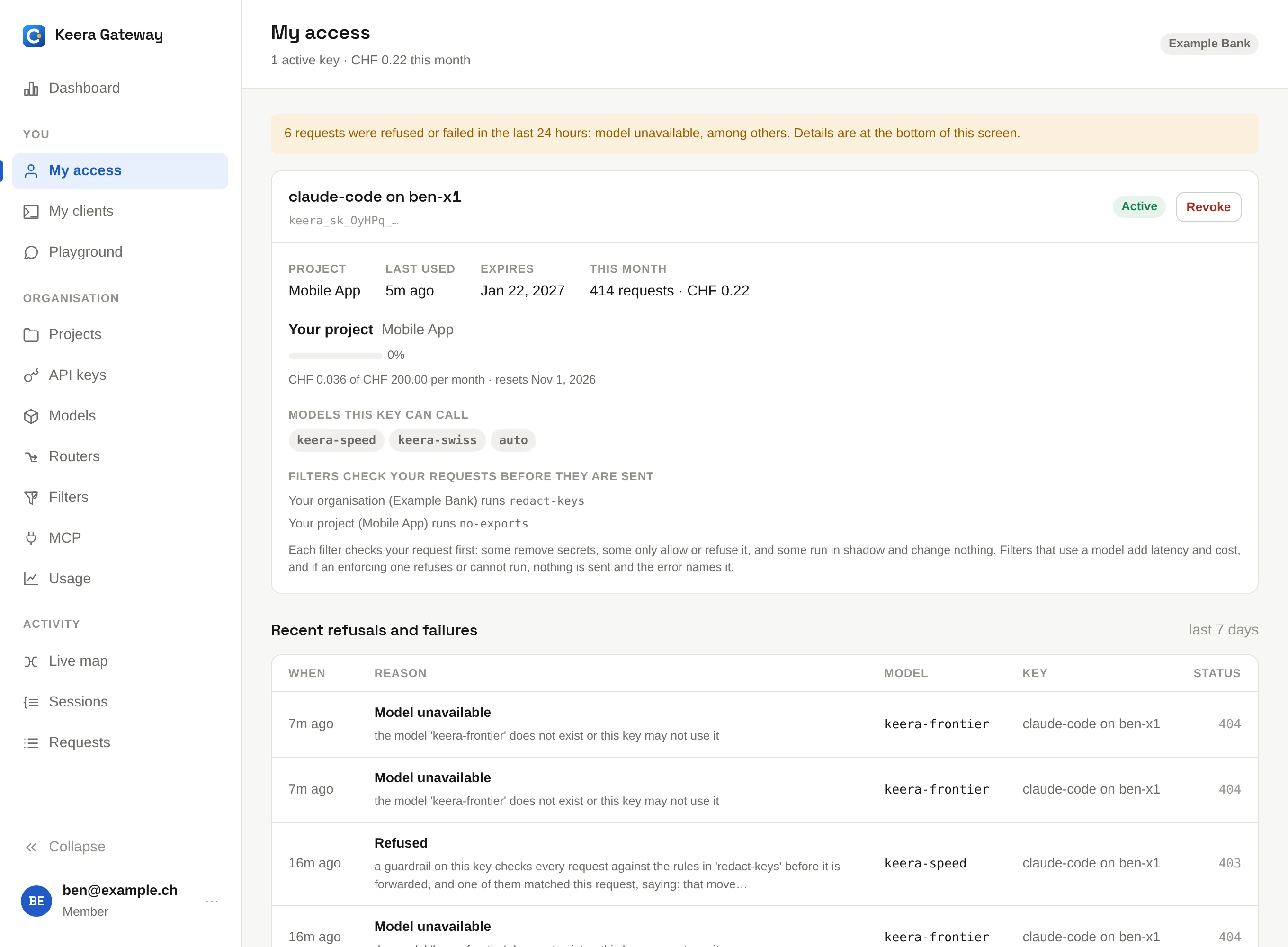 My access shows your keys, your budget and why requests were refused.